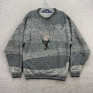 Scottish Isle Bernette Golf Sweater Men Medium Grey Vintage Scenic Knit USA Made